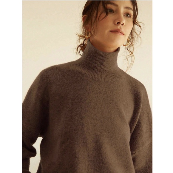 Brown Knit Turtleneck Pullover Sweater Long Sleeve Drop Shoulder - Picture 7 of 13